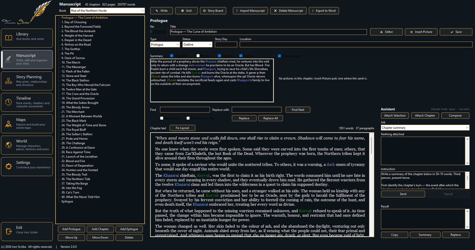 The manuscript page: a chapter list on the left, chapter details and prose in the centre, and the writing assistant on the right.